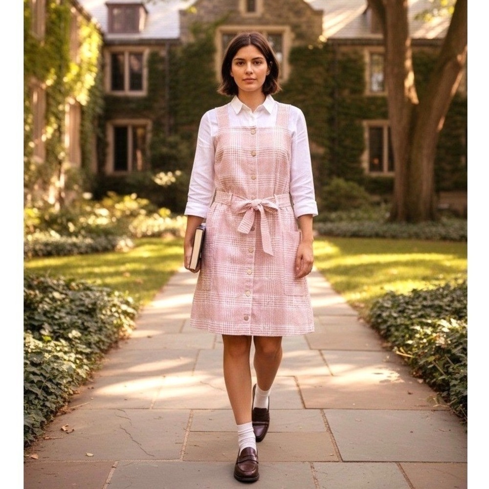 Y2K Plaid Pinafore Mini Dress Largeβ Pink Retro Twee NEW Stretch Belted